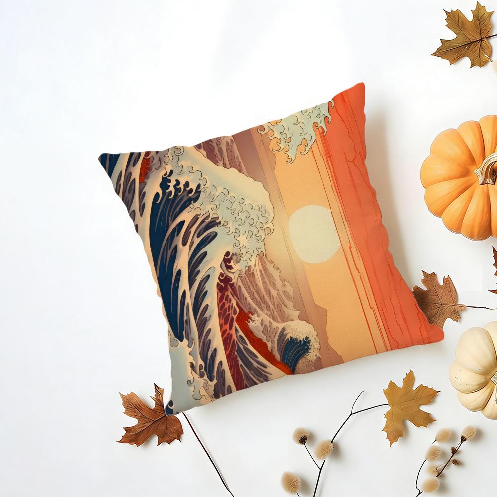 HHokusai Great Wave Cushion Cover Washable Linen Pillowcase Soft for Daily Sofa Bed Home Room Decor