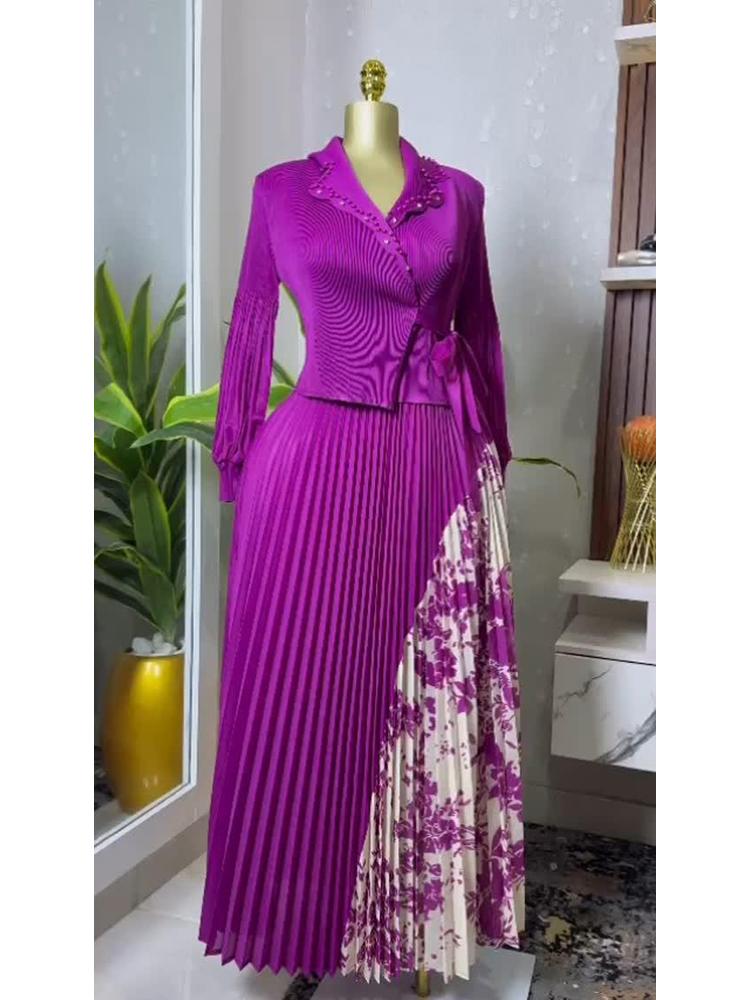 Новое плиссированное платье А-силуэта, элегантный костюмный воротник, средняя длина, утягивающая талия, стройнящая женская юбка со складками