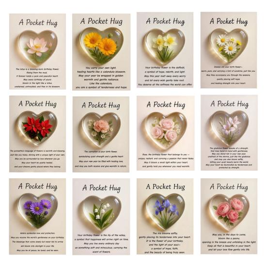 Birth Flower Pocket Hug with Healing Encouragement Poems Birth Flower Clear Heart Keepsake Portable Sentimental