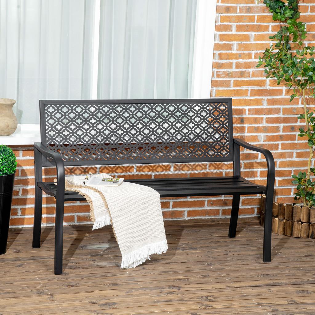 Metal Garden Bench, 2-Seater, Floral Pattern, Weather-Resistant, 127 x 63 x 83cm, Black