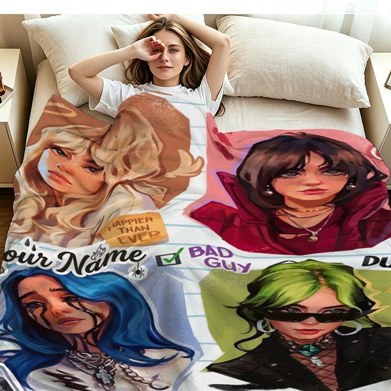 1PC Billie Eilish Custom Name Patterned Flannel Blanket Suitable For All Seasons for Home Decor Warmth and Comfort Gifts Holiday Present