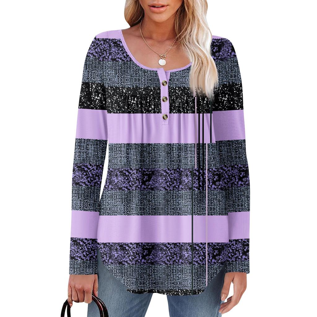 Женская туника с длинным рукавом, свободные топы, повседневные топы оверсайз, плиссированная туника, застегивающаяся на пуговицы, повседневные женские топы с принтом