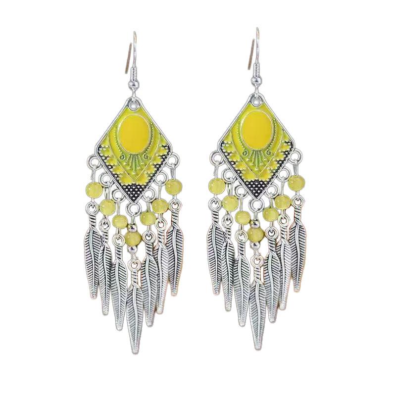 Vintage Ethnic Crystal Drop Oil Dangle Earring for Women Rhombus Leaf Tassel Earrings Vacation Style Jewelry Accessories