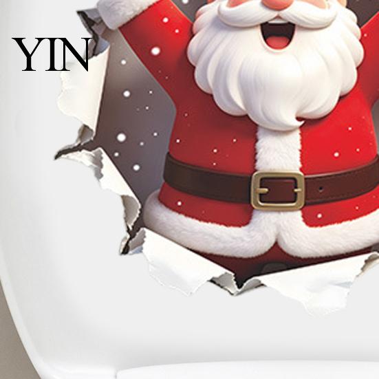 Cheerful Santa Claus Window Clings 3D Break Wall Toilet Lid Sticker, Winter Snow Scene Waterproof PVC Bathroom Decals Christmas Decal, Self-Adhesive