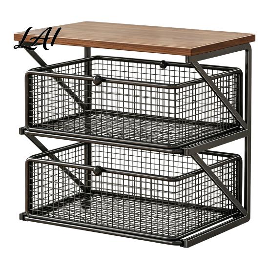 Office Desk Organizer Coffee Station with Drawer Tiered Bar Organizer Wooden Top Shelf Countertop Wire Mesh Drawers for Tea Bags Capsules,
