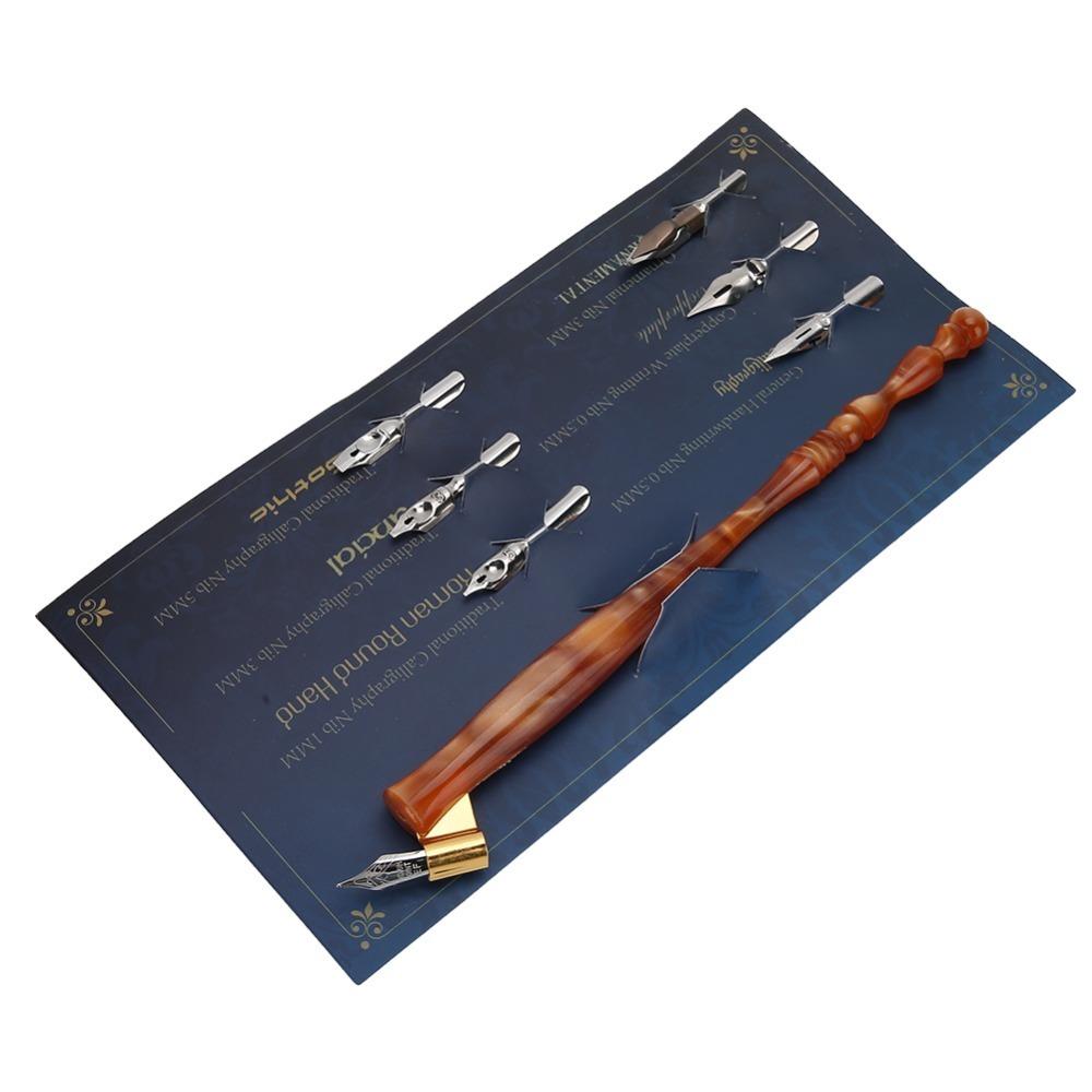 7pcs Flat Nibs Calligraphy Dip Pen Resin Handle Oblique Pen Holder Antique Dip Pen Set For Artists