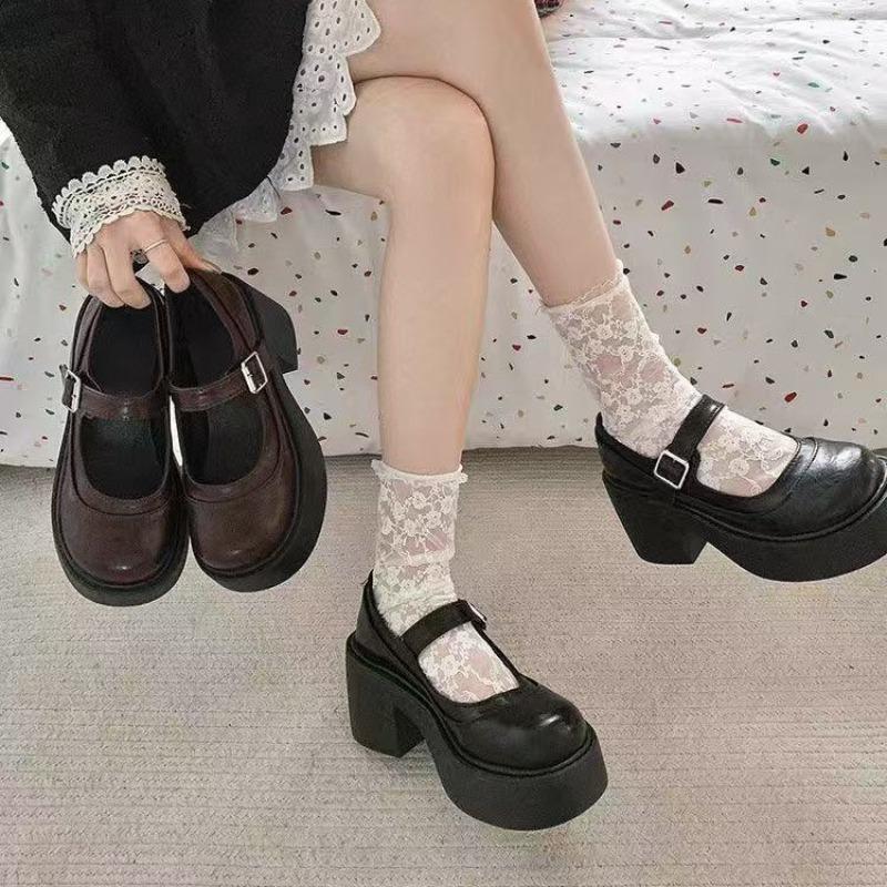 Shallow Single Shoes Women's Platform Autumn New Black British Retro College Style Thick Heel Mary Jane Small Leather Shoes
