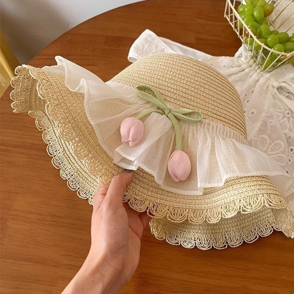 Korean Style Lace Tulip Sun Hat Wide Brim Bow Sunscreen Hat Simple Straw Woven Hat Beach