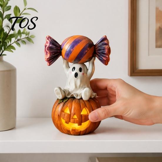 Dark Sweet Room Decor Halloween Ghost Figurine, Cute Sitting on Pumpkin Holding Candy Unique Home Collection Statue, Spooky Resin Table Ornament