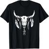 Boho Longhorn Bull Skull Design Cow Skull and Feathers Art T-Shirt