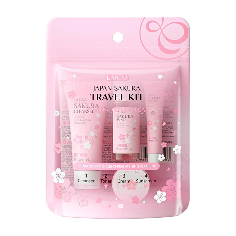 LAIKOU Дорожный набор Japan Sakura Skin Care 4 шт.: очищающее средство, тоник, крем, эссенция