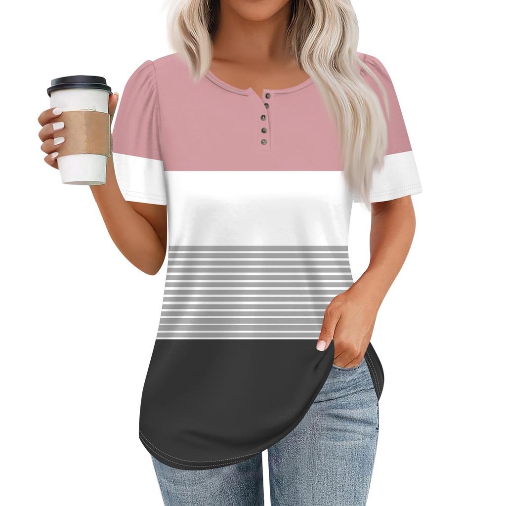 Женский модный повседневный короткий рукав пуловер с принтом на пуговицах и круглым вырезом