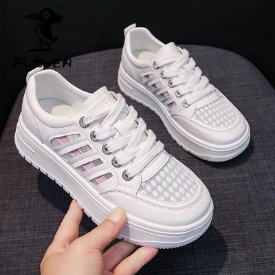 Новые летние женские дышащие туфли с полой сеткой, туфли для доски, женские повседневные спортивные белые туфли на шнуровке с круглым носком