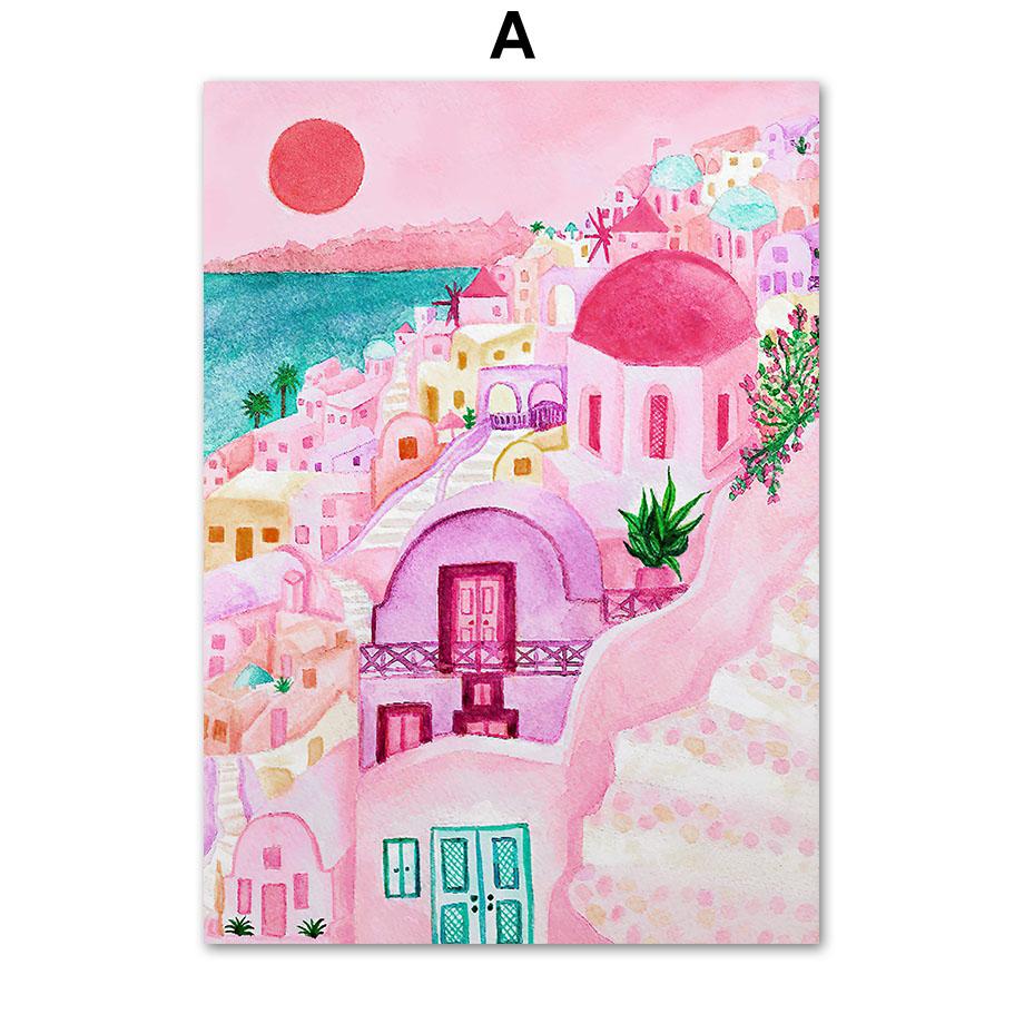 Aesthetic Poster Pink Juice Ice Cream Cheetah Greece City Rainbow Painting Wall Art Canvas Print Pictures For Living Room Decor