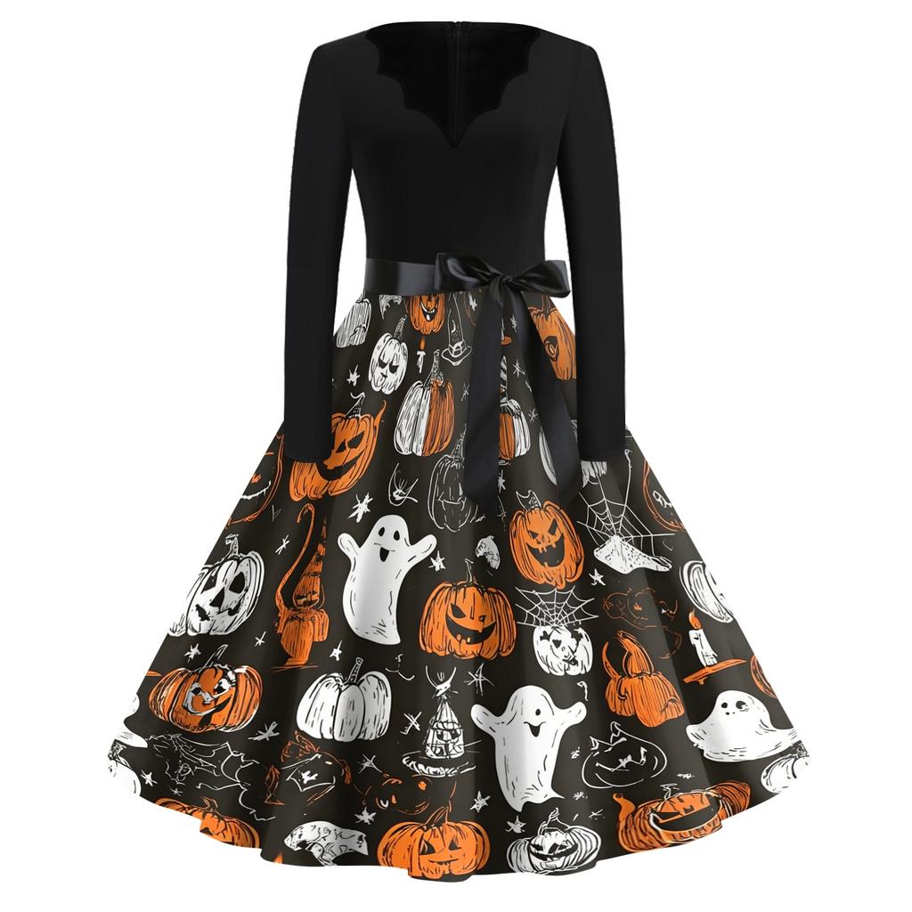 Women's Casual Vintage V Neck Dress Halloween Printed Long Sleeve Retro Style Pumpkin Bat Pattern Full Skirt Dress with Waist Tie