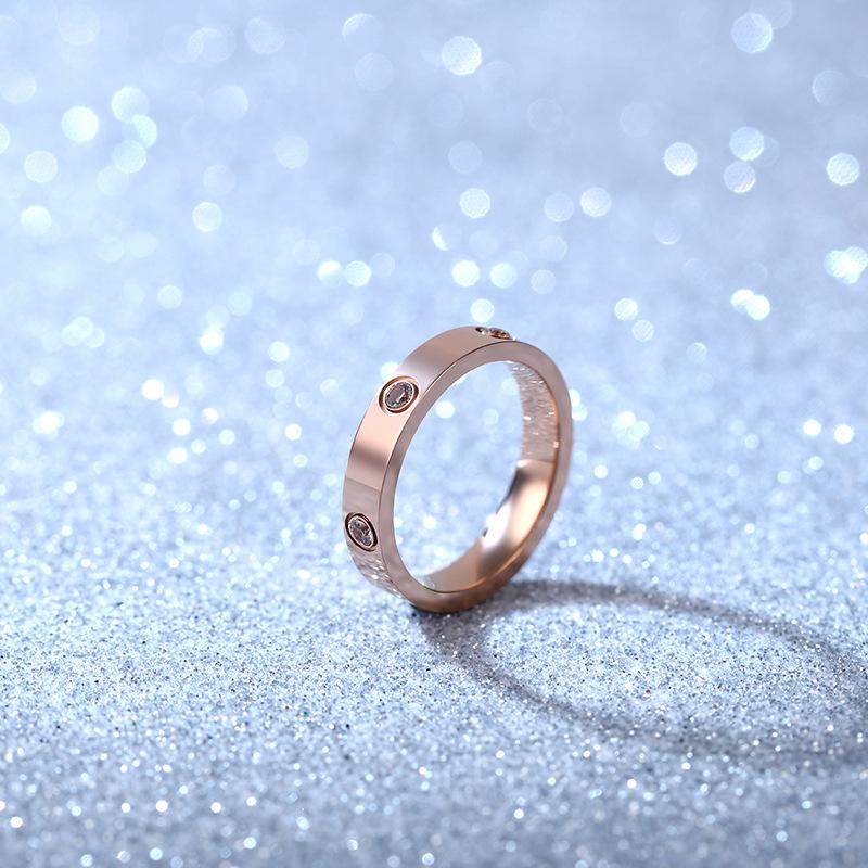 Titanium Steel Couple Ring Fashion Rose Gold Stainless Steel Six Rhinestone Ring Gift for Men and Women AVE