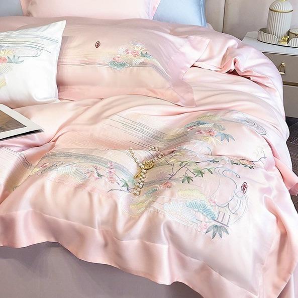 Four-piece Set of Pure Cotton Bedding, Embroidered Skin-friendly and Breathable Quilt Cover, Bed Sheet Quilt Pillowcase Set