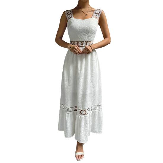 Однотонное платье на бретельках без рукавов с открытой спиной и высокой талией, свободное кружевное платье трапециевидной формы в стиле пэчворк