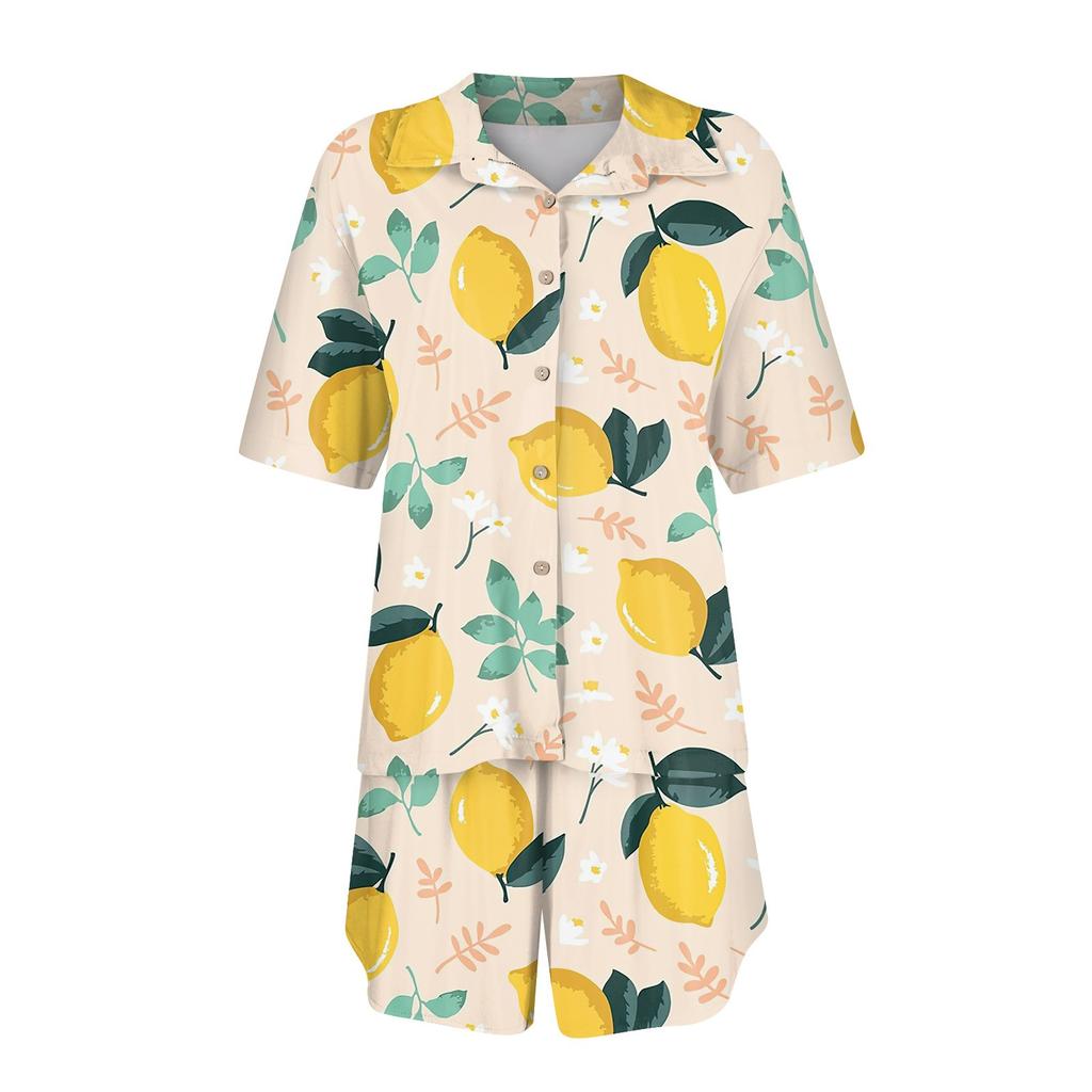 Women's Silk Pajamas Button Home Clothes Star Print Short Sleeve Satin Pajama Set 2 Piece Set