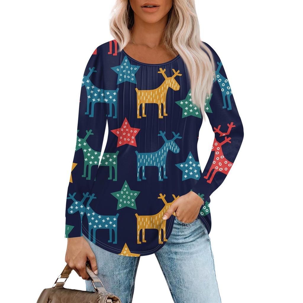 Женская повседневная футболка с круглым вырезом и длинными рукавами с рождественским принтом и складками