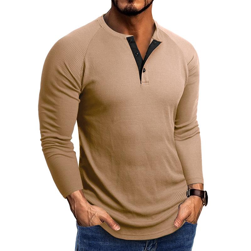 Мужская повседневная футболка-henley с вафельной вязкой, с длинным рукавом