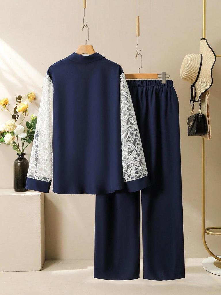 Кружевной пэчворк, двухпредметный, больших размеров, 2025: Комплект: рубашка с длинным рукавом и брюки клеш