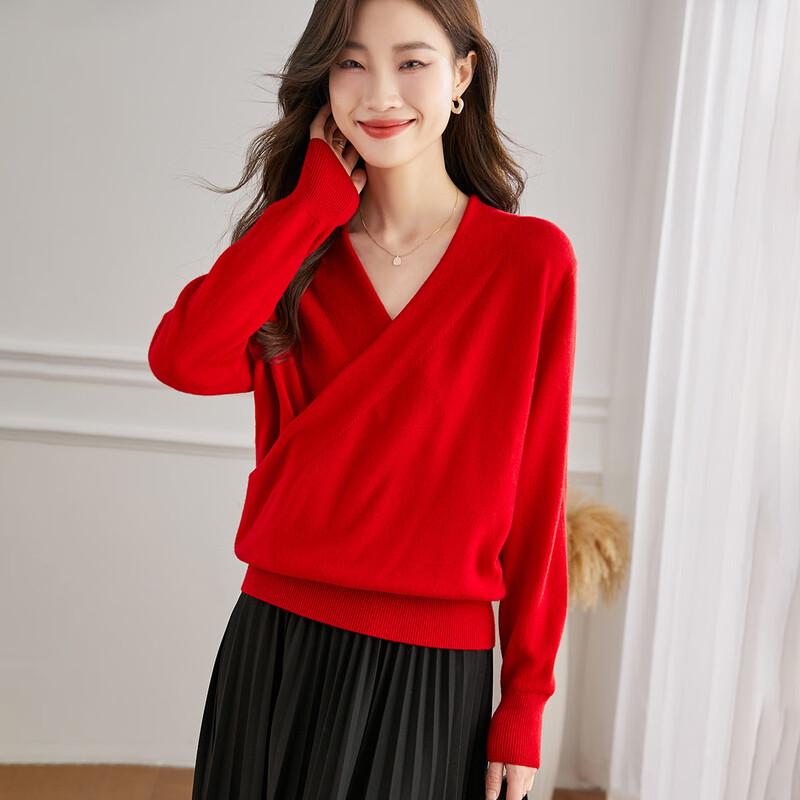 Women's 100% Pure Wool V-Neck Crossover Sweater