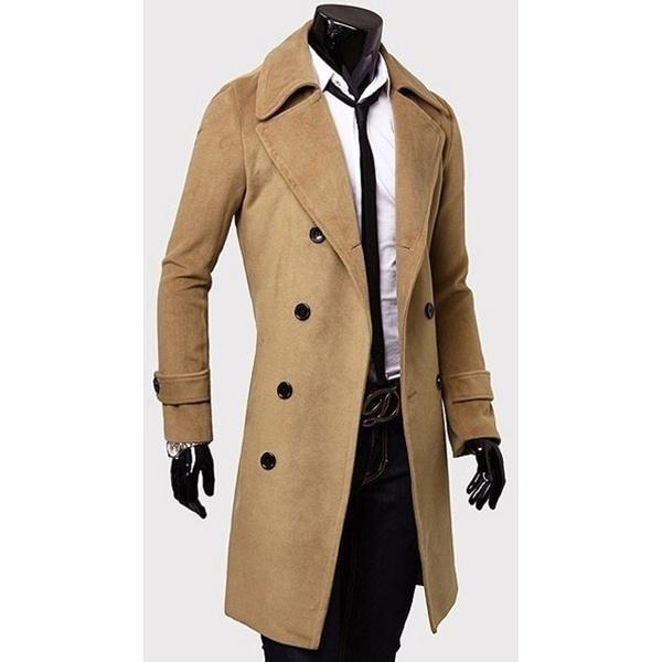 Мужская мода Длинный плащ Флисовая шерстяная куртка Slim Fit Peacoat Пальто