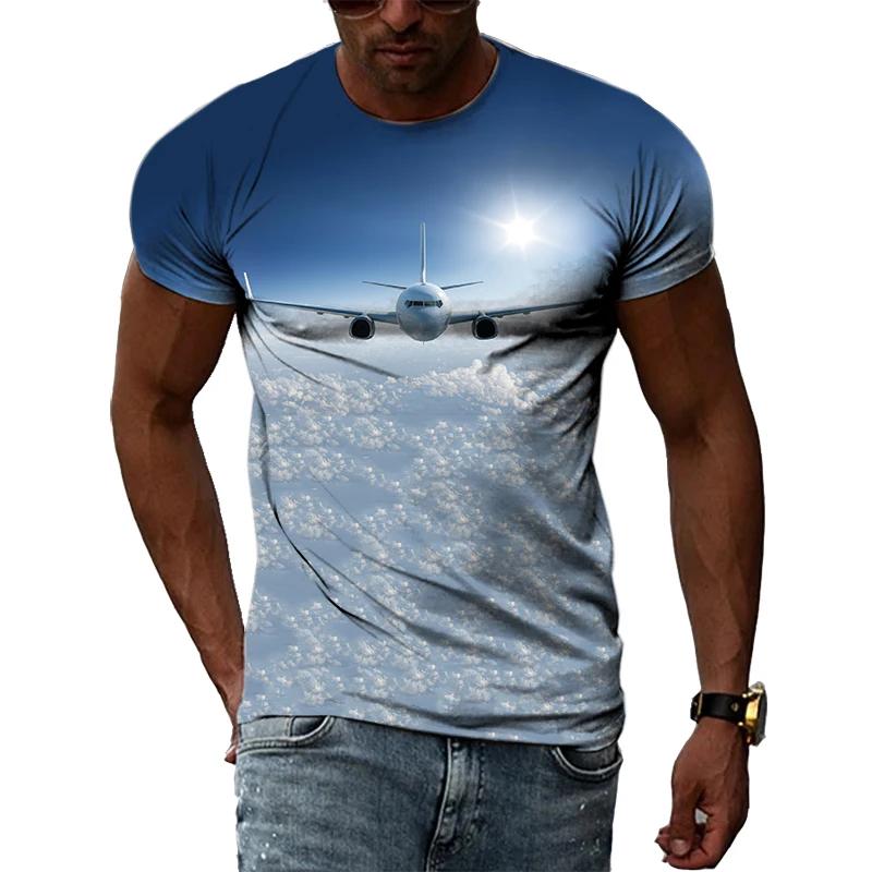 Men Summer Trend Casual Fun Round Neck Short Sleeve Fashion New 3D Printed Airplane Graphic T Shirts for Streetwear Tees Tops