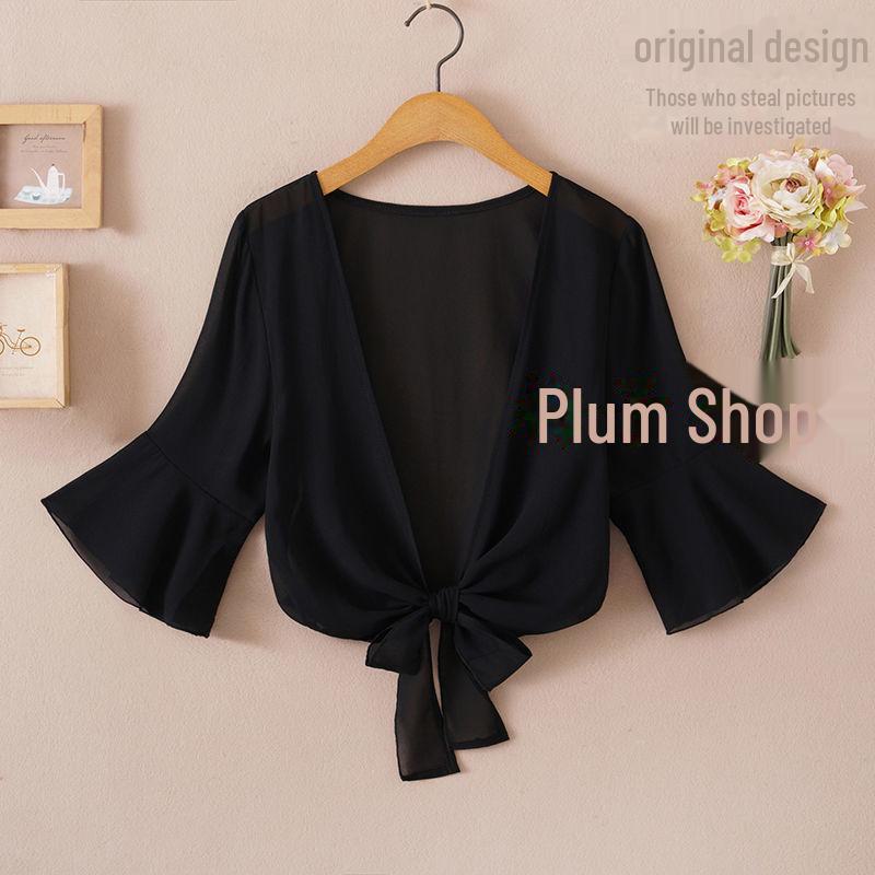 Женская летняя шифоновая куртка-шаль с защитой от солнца 2024 года — короткий рукав, легкий кардиган, универсальный жилет.