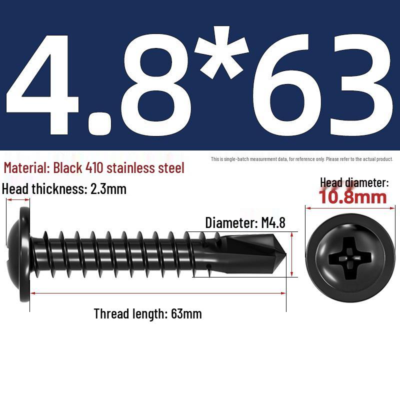 Black Phillips Flat Head Self-Tapping Screws with Washer, 410 Stainless Steel, 4.2M-4.8 Size.