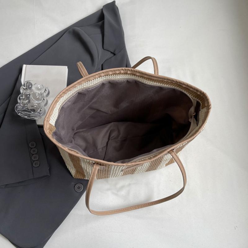 Striped Straw Beach Bag with Zipper Shoulder Bag Holiday Travel Handbag Top Handle Bag for Women Vacation Shopper Totes CLE