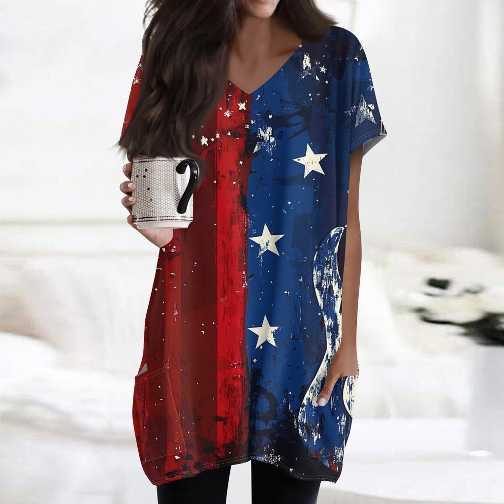 Женский топ с принтом флага Дня независимости, V-образным вырезом, карманом средней длины и коротким рукавом