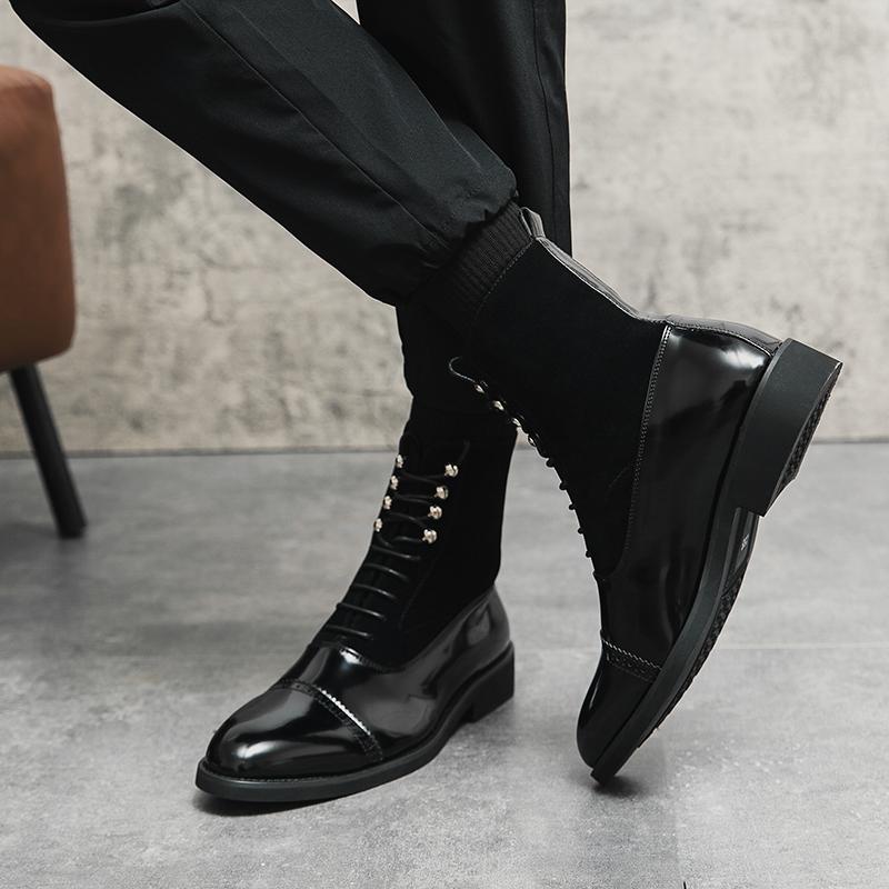 Роскошные дизайнерские замшевые лакированные кожаные ботильоны мужские высокие ботинки на шнуровке для мужчин на плоской подошве мотоциклетная обувь Zapatos Hombre