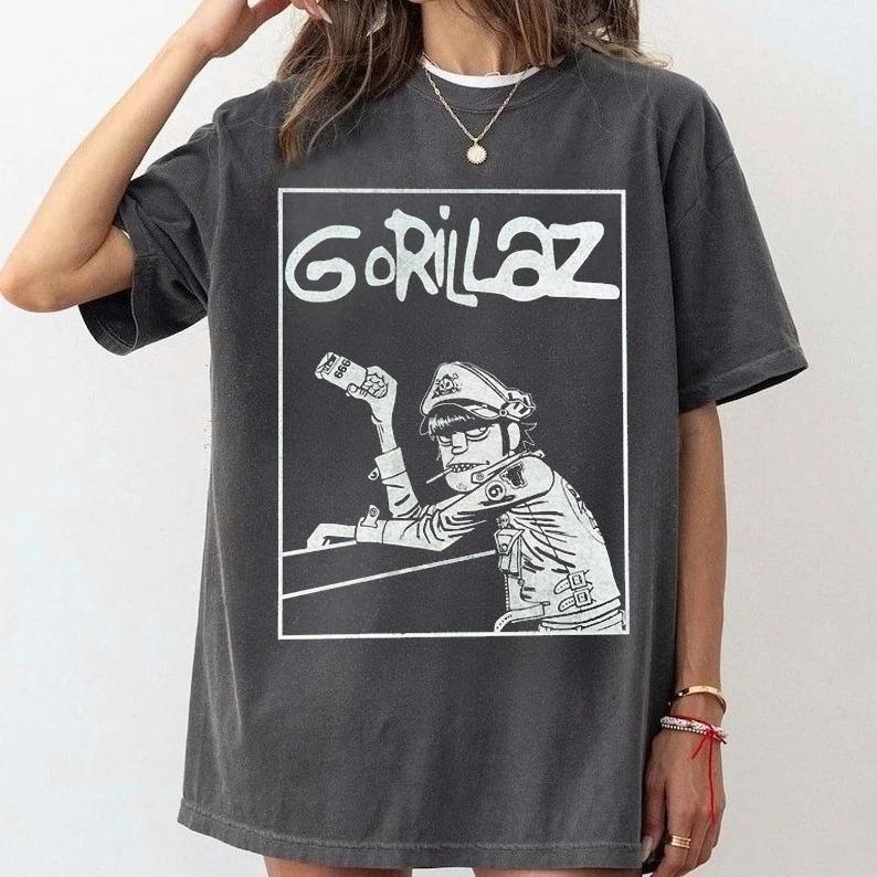 Gorillaz Винтажный Портрет Группы Графическая Футболка Оверсайз Черная Хип-Хоп Рок Уличная Одежда Унисекс Футболки