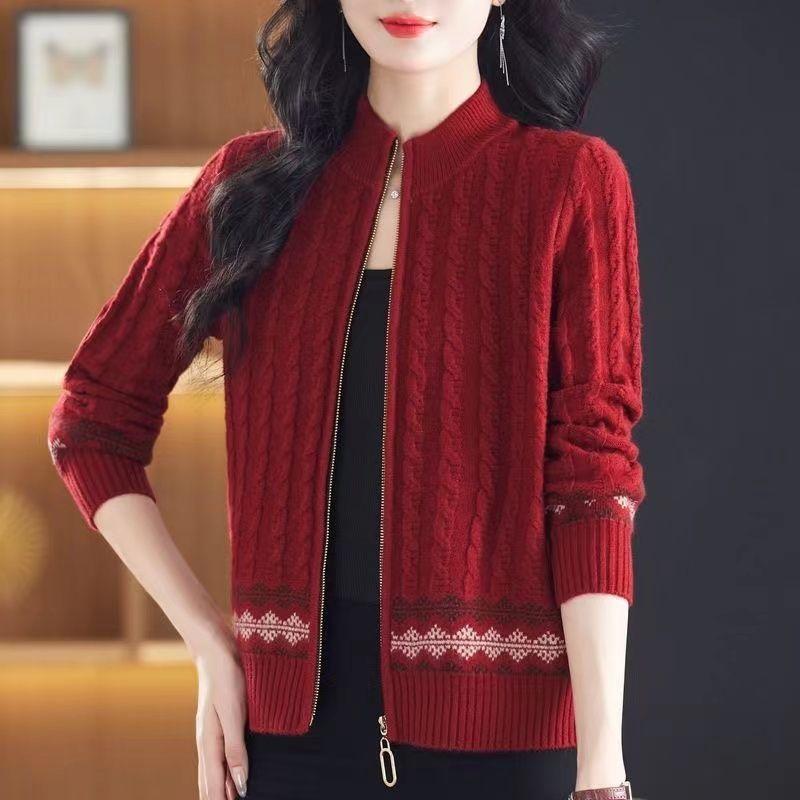 Осенний свободный трикотажный кардиган с воротником-стойкой для женщин, новый стиль, свитер для мам среднего возраста