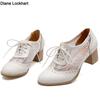 Fashion 2025 New Women Lace Mesh Breathable Pumps Shallow Brogue Shoes Ladies Vintage Oxford Shoes Lace-Up Chunky High Heels Female34-43