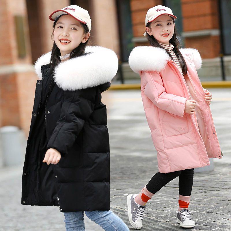 Новый пуховик для девочек, зимняя длинная корейская версия, толстый пуховик среднего размера для девочек, однотонный пуховик для девочек