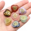 7Pcs/Pack Natural Stone Heart Shape Ornament 7 Chakra Amethyst Tiger Eye Energy Engraved Symbols Reiki Divination Healing 20x20mm