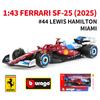 Ббураго 1:43 Ferrari F1 Sf25 #16 #44 Майами Модель гоночного автомобиля Формулы-1 Коллекционная игрушка Украшение Подарок