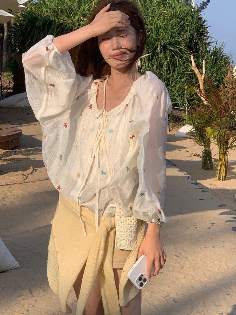 Женская блузка с длинным рукавом, лимонно-зеленая, с цветочной вышивкой – Стройнящий топ на завязках, защита от солнца