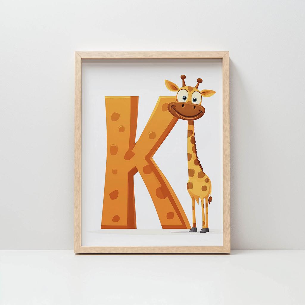 Żyrafa Z Literką K - Radosny Plakat Dla Dzieci Żyrafa Z Literką K - Radosny Plakat Dla Dzieci, 70X100 Cm, Rama Drewniana Ciemny Brąz, Papier Matowy 23