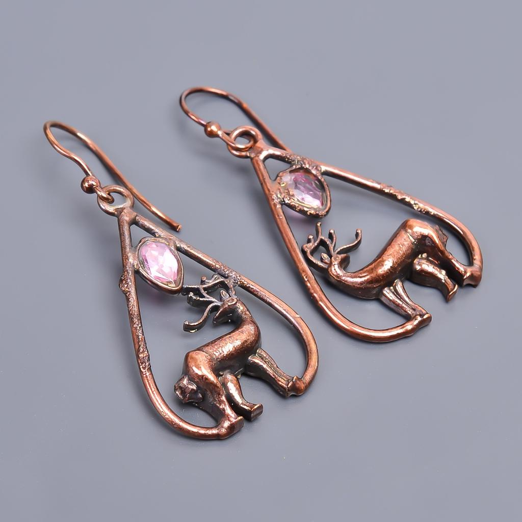 Fancy Pink Amethyst Stone Copper Electroformed Hook Drop Dangle Artisan Earrings V-48