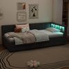 Диван-кровать 90x200см, 2 ящика, 16-цветная LED, USB+Type-C, отделение для хранения, ламели, лен, серый (без матраса)