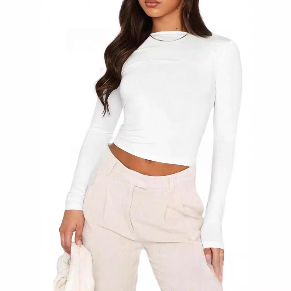 Женская футболка с открытым пупком и вырезом на спине, тонкая, с длинными рукавами