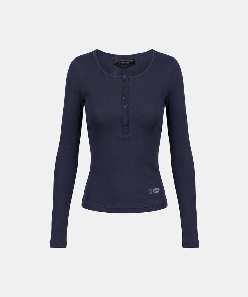 BADBLOOD Bs Хлопковый джерси Облегающая футболка-henley с длинным рукавом - Темно-синий