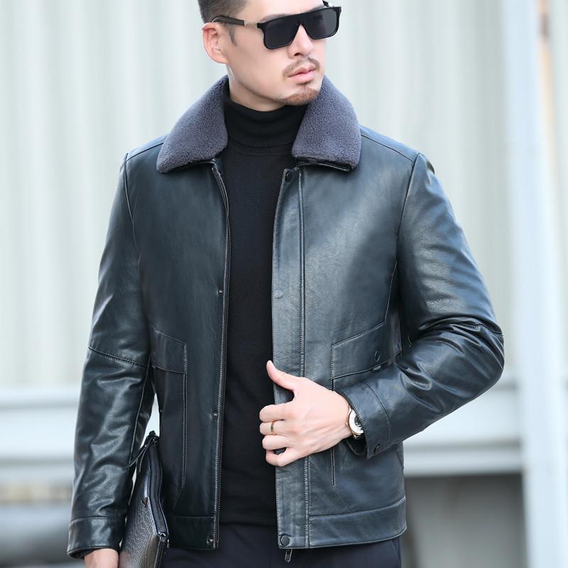 Men's New Jacket Leather Down Jacket White Duck Down Filling Casual Winter Sheepskin Solid Color Lapel Thick Coat