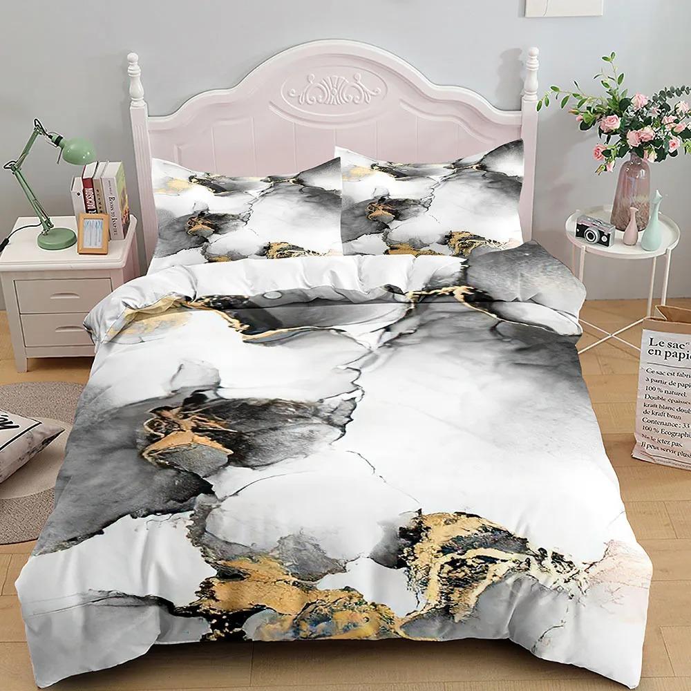 Marble Bedding Set King Queen Size Grey Gold Duvet Cover Modern Abstract Art Gothic Soft Quilt Cover for Adults
