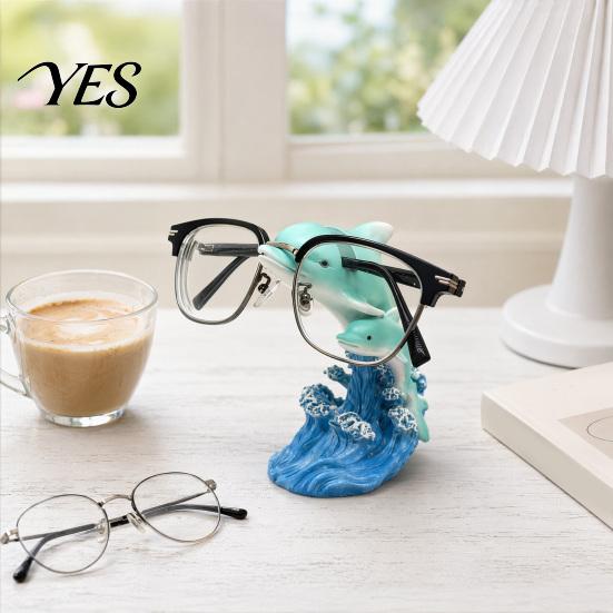 Durable Glasses Rest Dolphin Eyeglasses Holder, Coastal Style Stand with Blue Wave Design, Waterproof Shaped Resin Desktop Figurine Ornament for Study