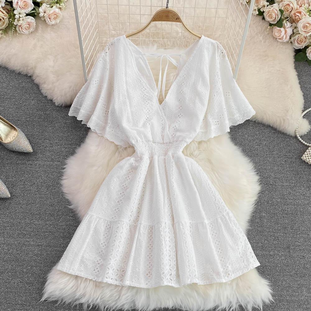 Summer Korean Hollowed-out Deep V-neck Waistband Show Thin Ruffle Sleeve A-line Seaside Holiday Beach Dress Vestidos